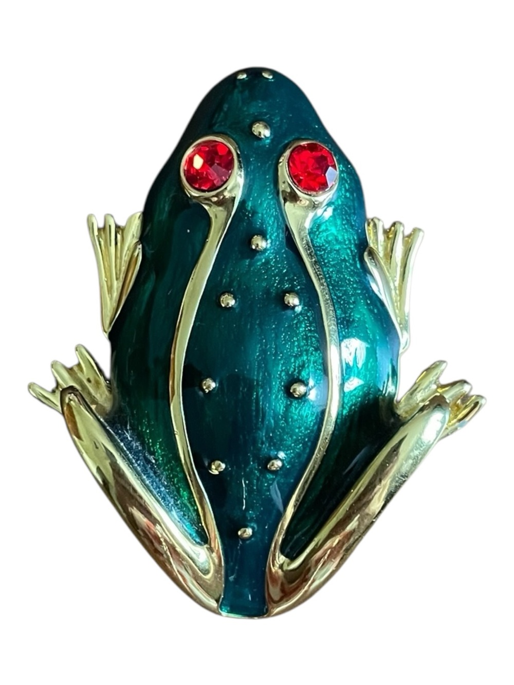 Vintage Trifari Green Enameled Large Gold Frog Brooch Red Rhinestone Eyes - Picture 3 of 4